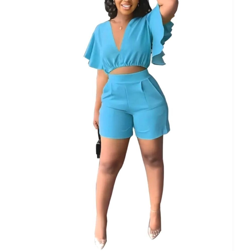 Ladies Flutter Sleeve Crop Top & High Waist Shorts Outfit sz X-large